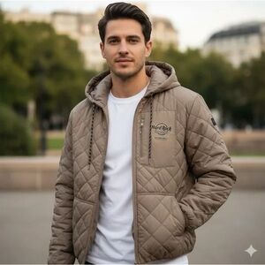 Hard Rock Mack Russo Bomber Jacket Men's L Tan Quilted Hooded 3 Pocket Front NWT